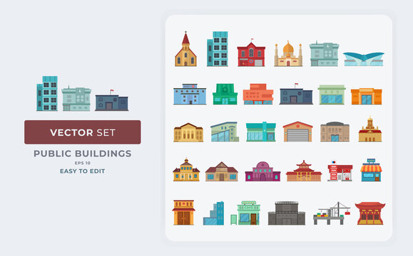 flat front view urban public building vector illustration. Color Editable Eps 10.