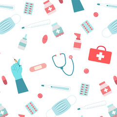 Medical seamless pattern, medical tools texture, healthcare background, doctor wallpapers: stethoscope, first aid box, syringe, pills, thermometer, spray, medical mask. Vector illustration flat
