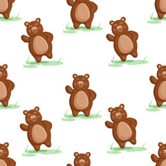 Seamless vector pattern with forest brown bear, on the grass. Vector illustration for fabric, texture, wallpaper, poster, postcard. Editable elements. Cartoon design.