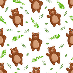 Seamless vector pattern with forest brown bear, leaves. Vector illustration for fabric, texture, wallpaper, poster, postcard. Editable elements. Cartoon design.