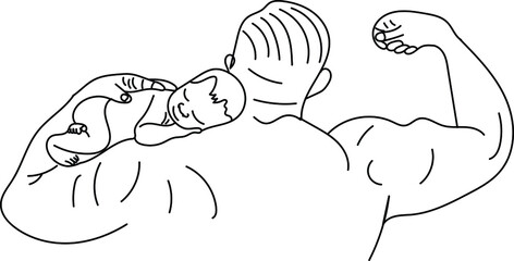 Father and son vector, sketch drawing of father holding his newborn baby on his shoulder, father and son illustration