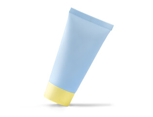 Sunscreen cream tube for kids mockup isolated on white. Flat lay, top view.