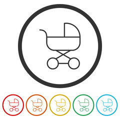 Baby stroller icons in color circle buttons