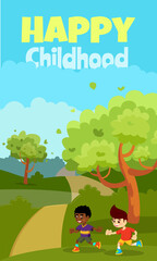 Obraz na płótnie Canvas Happy Kids Playing Vacations Valley Cartoon illustration