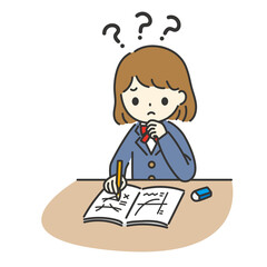 女子学生が勉強で考えているイラスト