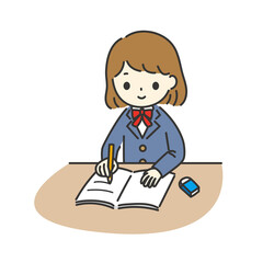 女子学生が真面目に勉強しているイラスト
