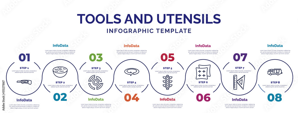 Aufkleber infographic template with icons and 8 options or steps. infographic for tools and utensils concept. 