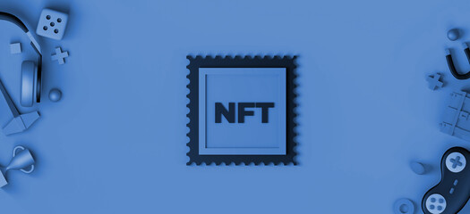 NFT gaming. Non fungible token of video game. Crypto game. 3D illustration.