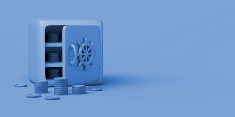 Safety box with coins on blue background. Bank security. Copy space.  3D illustration.