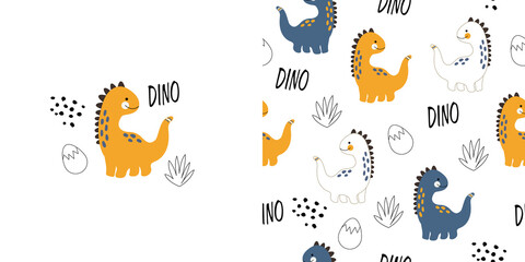 Set of posters with dinosaurs. Seamless pattern with dino, eggs, bushes and dots in doodle style. Printing on children's wallpaper, children's clothing, textiles.