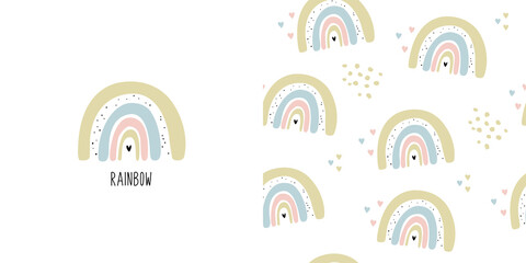 Seamless pattern and poster with a rainbow. Vector hand drawn in doodle style. For children's wallpapers, baby clothes, textiles.