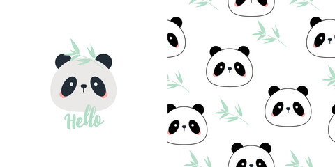 Vector hand drawn panda and bamboo poster set. Print for children's wallpapers, baby clothes, textiles. © YUSI_DESIGN