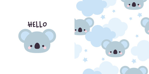 Cute koala poster set. Koala says hello. Seamless pattern with clouds, stars and koala. Print for baby clothes, nursery wallpapers, textiles.