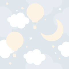 Vector hand drawn seamless pattern with clouds, balloons, stars and moon. Children's wallpaper, print for baby clothes, textiles.