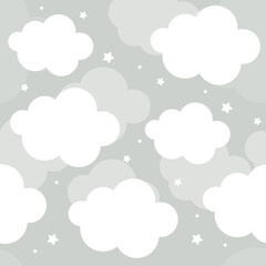 Vector hand drawn modern childrens wallpaper. Airy cute clouds and stars on a gray background. Seamless pattern. Scandinavian style. To decorate a child's room.