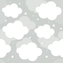 Foto auf Acrylglas Vector hand drawn modern childrens wallpaper. Airy cute clouds and stars on a gray background. Seamless pattern. Scandinavian style. To decorate a child's room. © YUSI_DESIGN