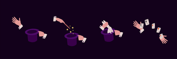 A set of illustrations with hands showing tricks with a hat. A rabbit from a hat, a card trick, a magic wand. Vector elements isolated on a dark background.
