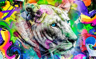 Zelfklevend Fotobehang abstract colorful lion muzzle illustration, graphic design concept © reznik_val