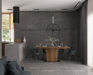 3d illustration. The interior of kitchen-living room in private house, granite floor, concrete wall, wood-concrete furniture. Clock on the wall. Dining area with table. Blinds on the windows. 3D 