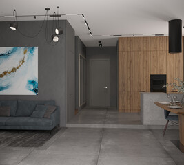 3d illustration. Modern interior of living room-kitchen of private house in dark gray tones, granite and natural wood. Entrance group. 3d render.