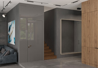 3d illustration. The interior of kitchen-living room in private house, granite floor, concrete wall, wood-concrete furniture. Picture on the wall. TV area with sofa. Curtains on the windows. 3D render
