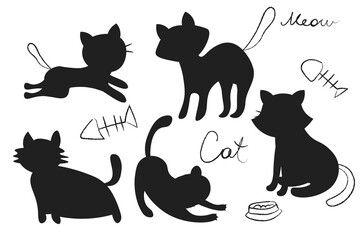 Fototapeta na wymiar Set of black cats silhouettes isolated on white background. Vector illustration, icon, clip art. EPS