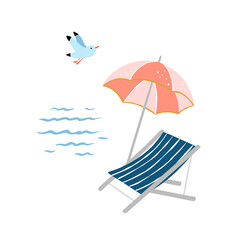 Beach deck chair and parasol. Cute seaside vector clipart. Summer vacation illustration