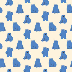 Seamless Pattern with Cartoon Blue Bear Design on Light Yellow Background