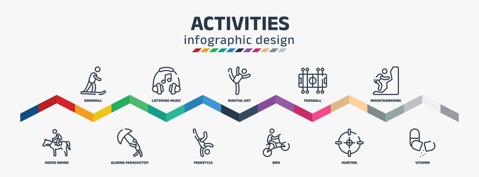 Activities Infographic Design Template With Downhill, Horse Riding, Listening Music, Gliding Parachutist, Martial Art, Freestyle, Foosball, Bmx, Mountaineering, Vitamin Icons. Can Be Used For Web,