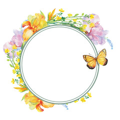 Watercolor floral frame ornament with iris flowers and butterfly on a white background, for the design of cards and invitations