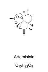 Artemisinin, chemical formula and structure. Drug, extracted from sweet wormwood, Artemisia annua, a herb employed in Traditional Chinese Medicine. Treatment of malarial and parasitic worm infections.