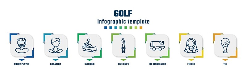 golf concept infographic design template. included rugby player, karateka, sledding, dive knife, ice resurfacer, fencer, tee icons and 7 option or steps.
