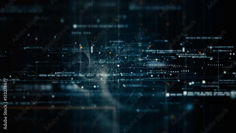 Fototapete Futuristic abstract de-focus flowing data matrix, meta, metaverse, telemetry and encrypt numbers display with particles simulation in cyber space environment for head up display background