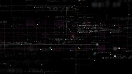 Futuristic abstract de-focus flowing data matrix, meta, metaverse, telemetry and encrypt numbers display with particles simulation in cyber space environment for head up display background