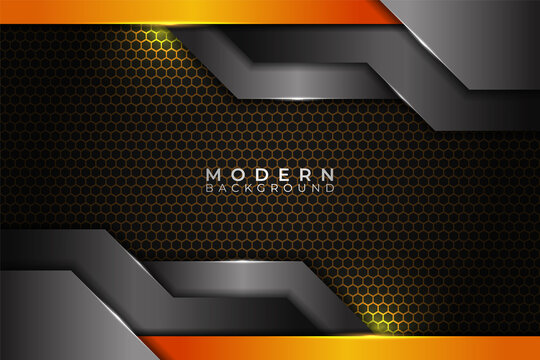 Modern 3D Realistic Technology Background Shiny Orange and Silver Metallic on Hexagon Texture