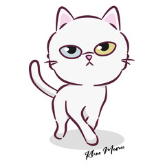 Cartoon thai cat with simple design. Khao Manee cat . This is one of the five most beautiful cat breeds in Thailand. Vector illustration on the background. Cute style design for cards, all prin