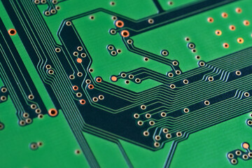 close-up of green printed electronic board.