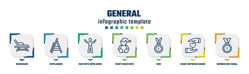 general concept infographic design template. included deckchair, stepladder, man with open arms, teddy bear with sleep hat, win, heart between hands, number one medal icons and 7 option or steps.