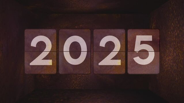 Mechanical rusty flip clock switches from year 2022 to 2023, 2024, 2025, 2026, 2027, 2028 to 2029 in a rusty box. Vintage device steampunk flip calendar. Happy New Year!