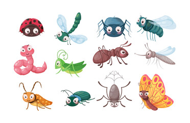 Set of cute cartoon insects with friendly faces