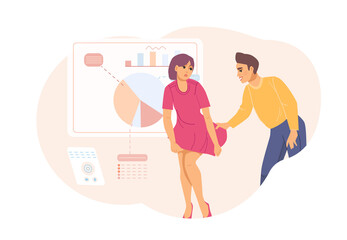 Lustful businessman harassing shocked female coworker in office