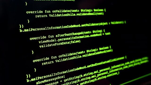 Developer is browsing html code on the computer screen. Scroll of HTML Web Page Code. Programming code abstract technology background. Computer script concept. High quality 4k footage