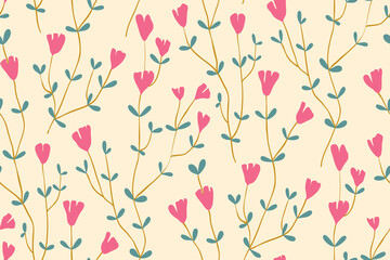 Seamless floral pattern, modern botanical background with thin flowers branches. Cute ditsy print with small sketchy flowers, leaves on tiny twigs. Vector illustration.