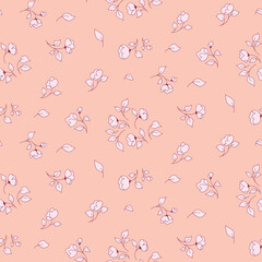 Seamless floral pattern, romantic ditsy print with small cute flowers on a pink field. Liberty botanical background with tiny outline plants, flowers, leaves on thin twigs. Vector illustration.