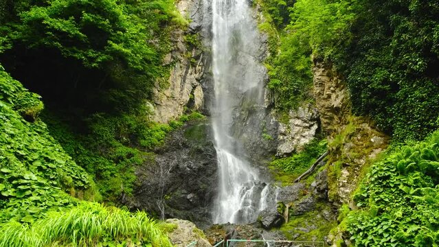 Panorama of an enormous Mervisi waterfall , near Batumi, Georgia, aerial shot. High quality 4k footage