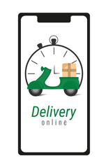 Delivery service. Online delivery. Green scooter. Phone with time and scooter. Online delivery application. Scooter delivery. Vector illustration