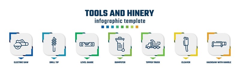 tools and hinery concept infographic design template. included electric saw, drill tip, level gauge, dumpster, tipper truck, cleaver, hacksaw with handle icons and 7 option or steps.