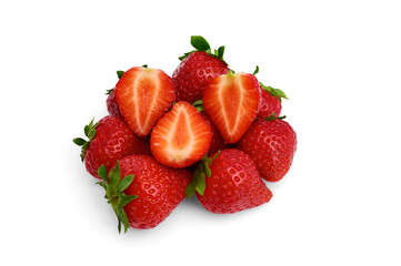 juicy halves and whole red strawberries on a white background