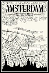 Light printout city poster with panoramic skyline and hand-drawn streets network on vintage beige background of the downtown AMSTERDAM, NETHERLANDS