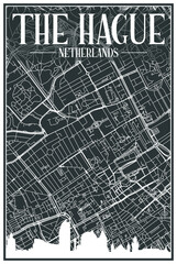 Dark printout city poster with panoramic skyline and hand-drawn streets network on dark gray background of the downtown THE HAGUE, NETHERLANDS